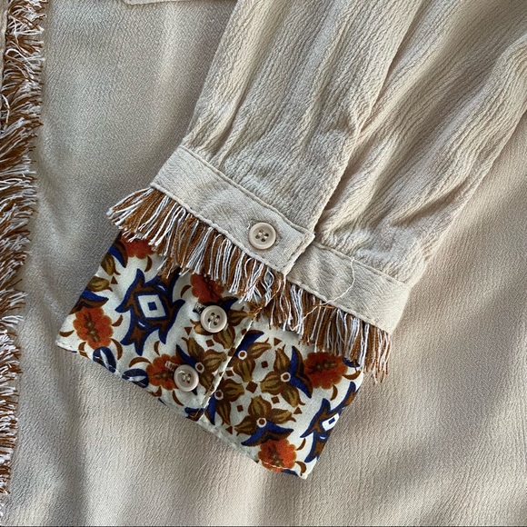 Umgee Cream Button Down Long Sleeve Shirt w/Fringe & Pattern Sz L - Picture 6 of 7